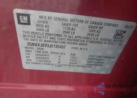 2018 Chevrolet Equinox Lt z USA, uszkodzony, nr VIN 2GNAXJEV3J6135497